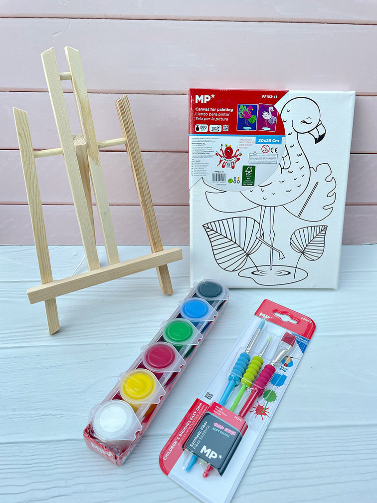 Set de Caballete + Bastidor con Diseño + Pinturas + Pinceles