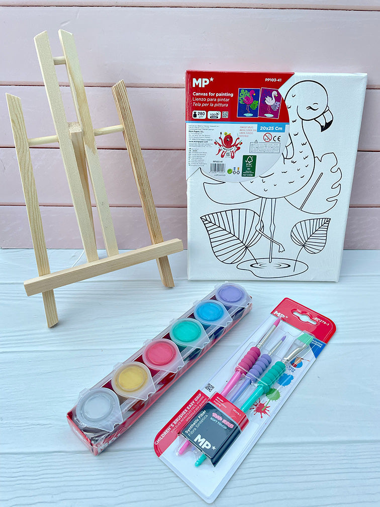 Set de Caballete + Bastidor con Diseño + Pinturas + Pinceles