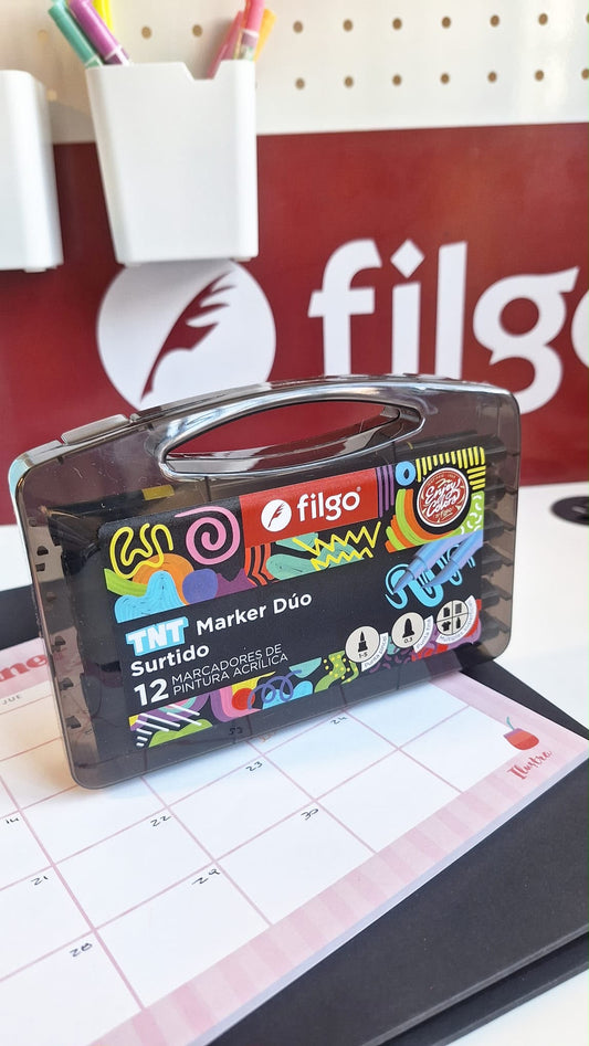 Valijita de 12 Marcadores Acrílicos Doble Punta Múltiple Superficies Filgo