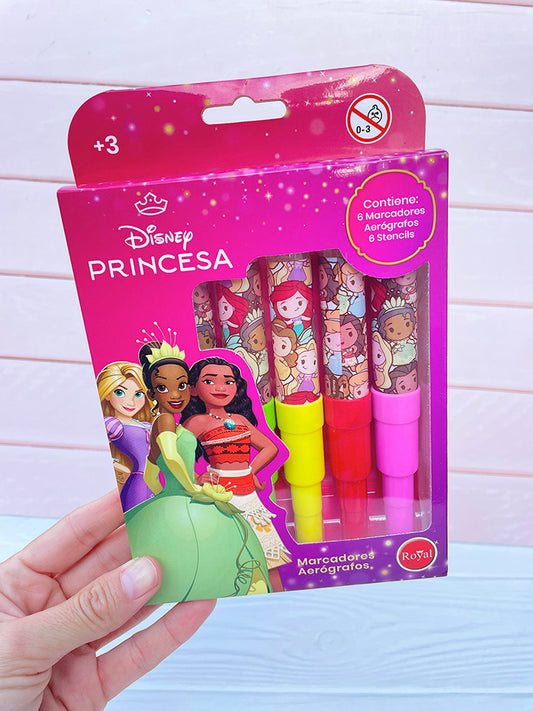Set de 6 Marcadores Aerógrafos + Stencils de Princesas Disney
