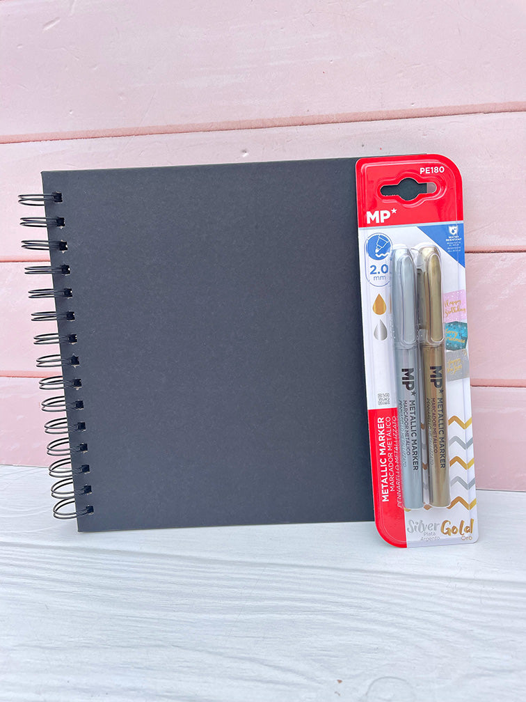 Álbum de Scrapbooking Negro + Marcadores Metalizados