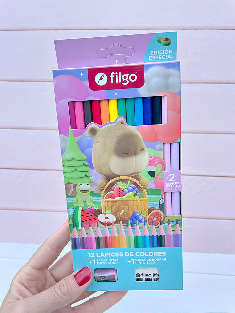 Set de 12 Colores Filgo + 2 Lápices HB + Goma + Sacapuntas