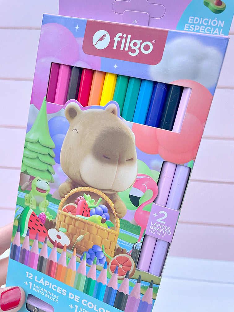 Set de 12 Colores Filgo + 2 Lápices HB + Goma + Sacapuntas