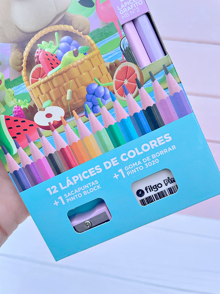 Set de 12 Colores Filgo + 2 Lápices HB + Goma + Sacapuntas