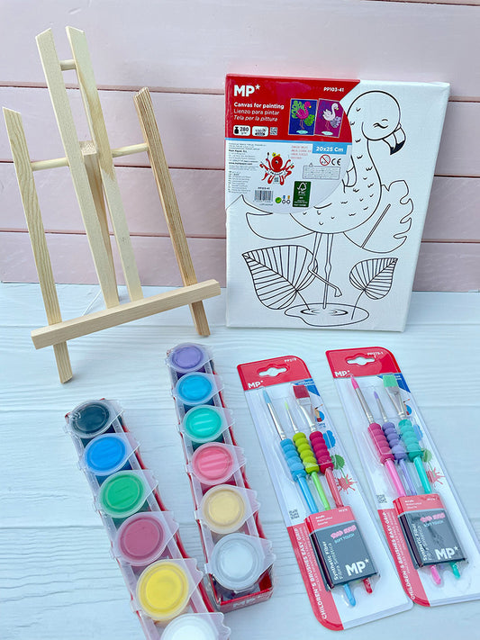 Set de Caballete + Bastidor con Diseño + Pinturas + Pinceles